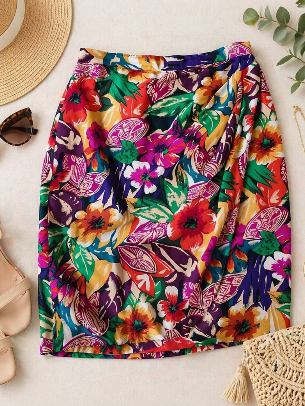 Vintage 100% Pure Silk Tropical Floral Print Skirt Size 12 RN73058